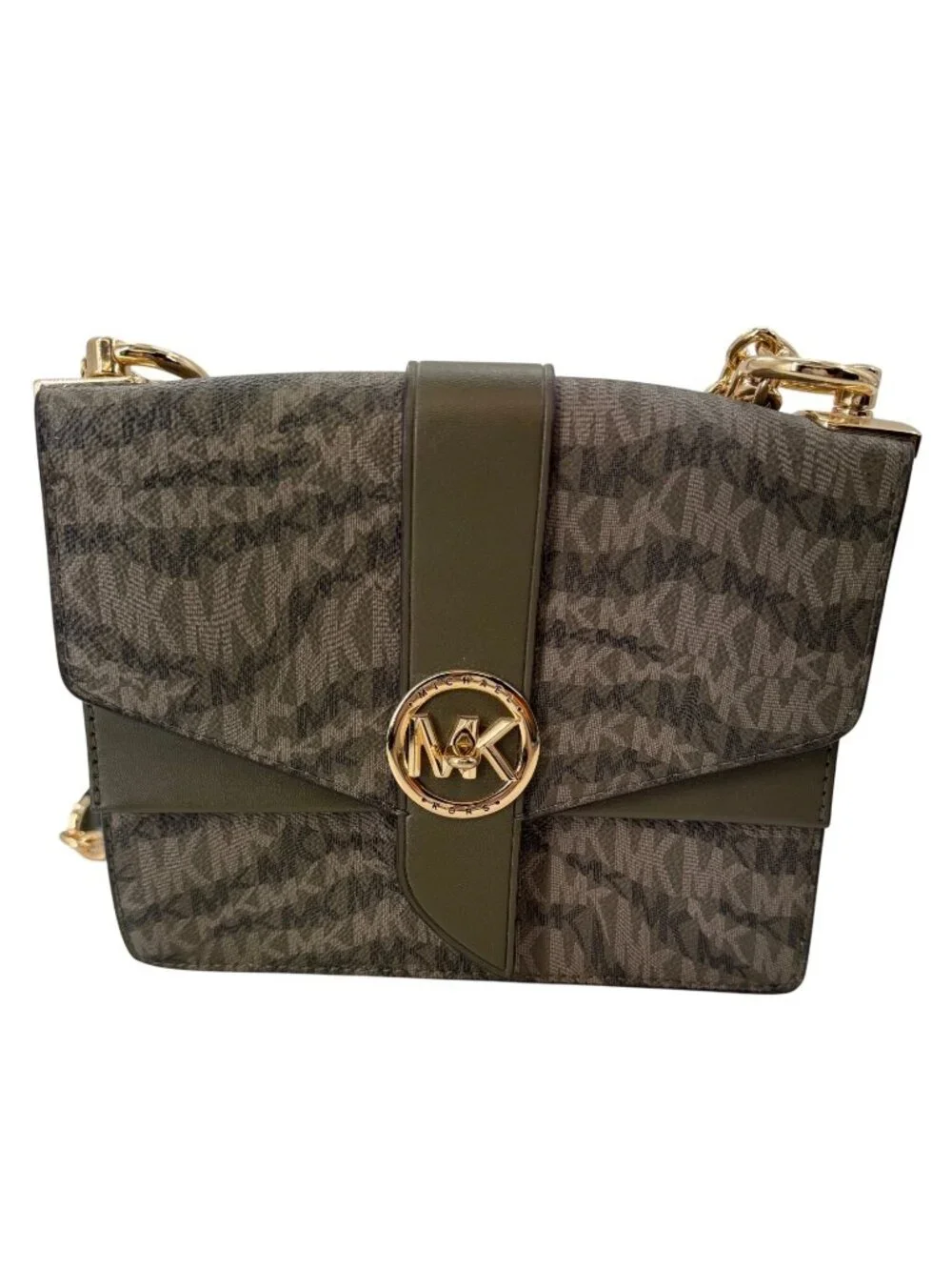 Michael Kors Jet Set Green Signature Crossbody Bag With Gold Chain & Logo Accent